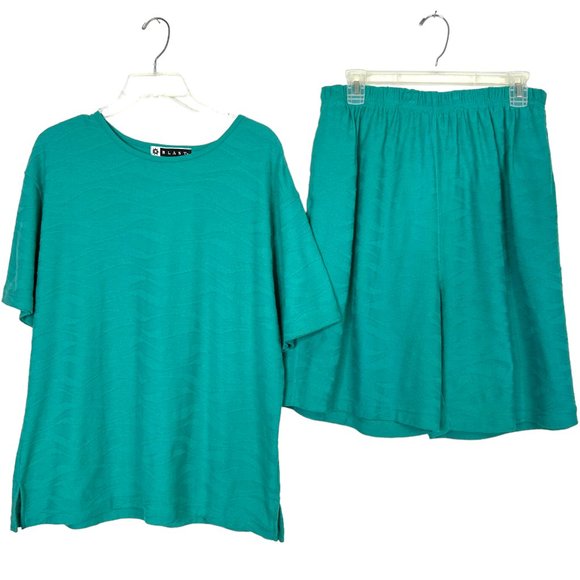 Vintage Blast Womens XL 2-Piece Aqua Turquoise Short Sleeve Blouse Shorts Outfit - Picture 12 of 13